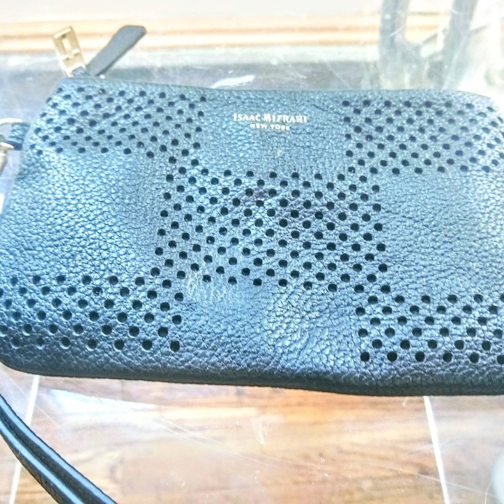 ISAAC MIZRAHI Loretta  Perforated black Leather wristlet